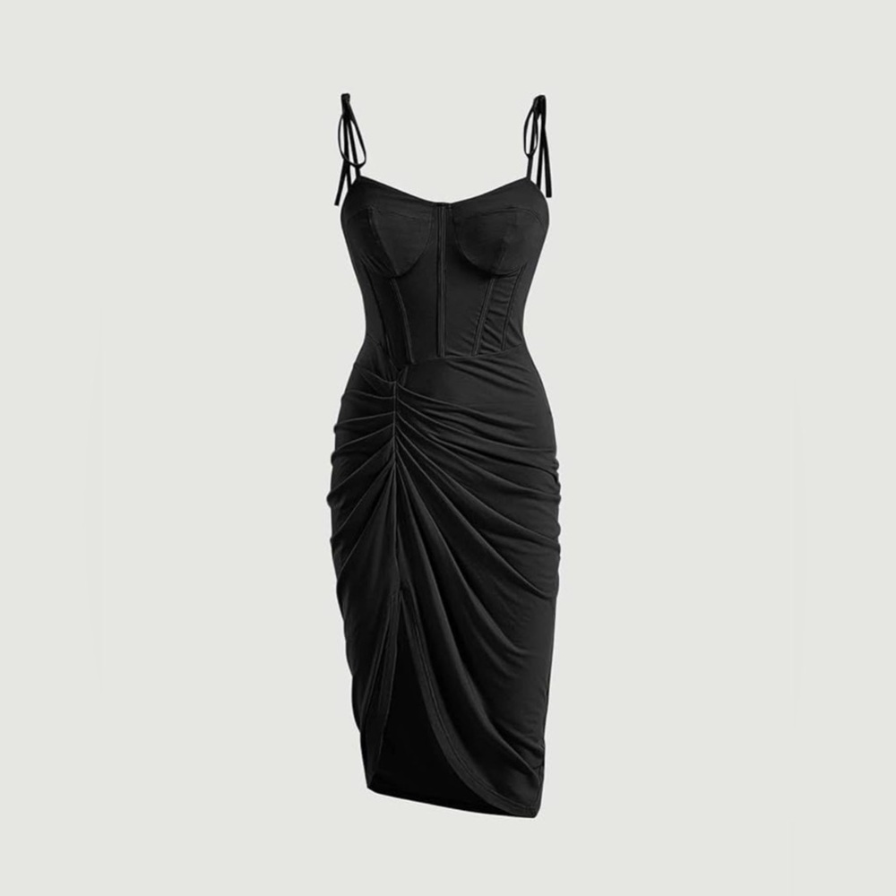 Thigh High Slit Tie Shoulder Ruched Draped Bustier Corsetstyle Vegas Dress <270> - Picture 1 of 10